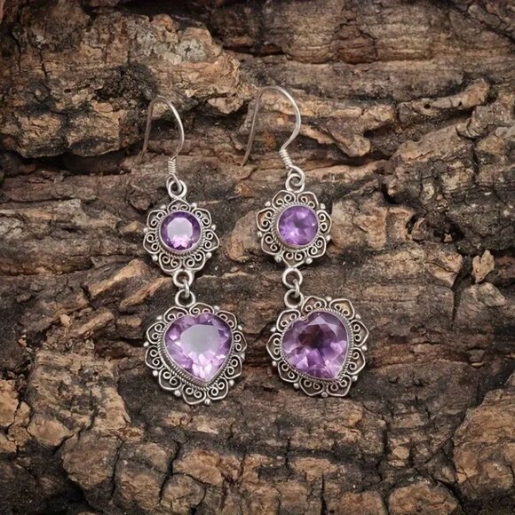 Vintage-Inspired Amethyst Glass Drop Earrings With Ornate Silver Setting - 4.5cm - Picture 3 of 3